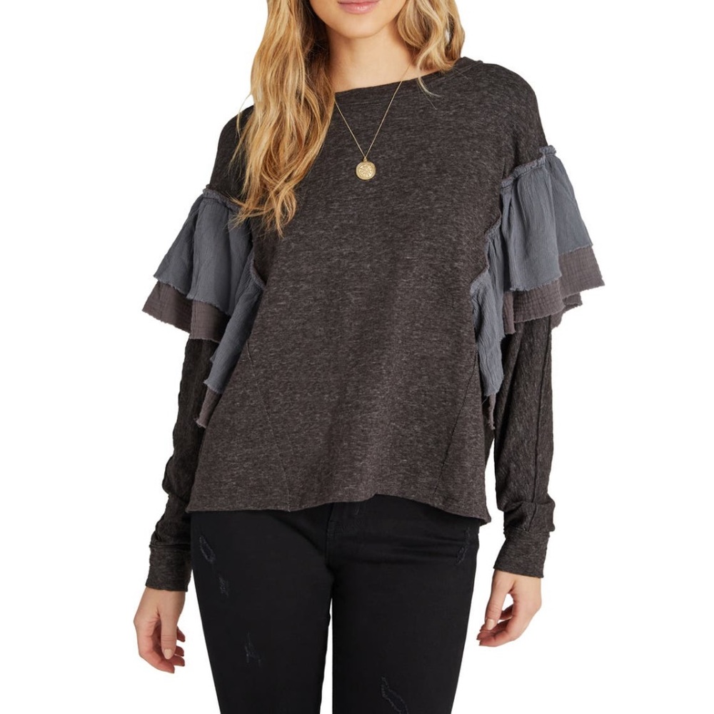 VICI Collection Ruffle Long Sleeve Knit Top In Charcoal Color- Size Medium- NWT